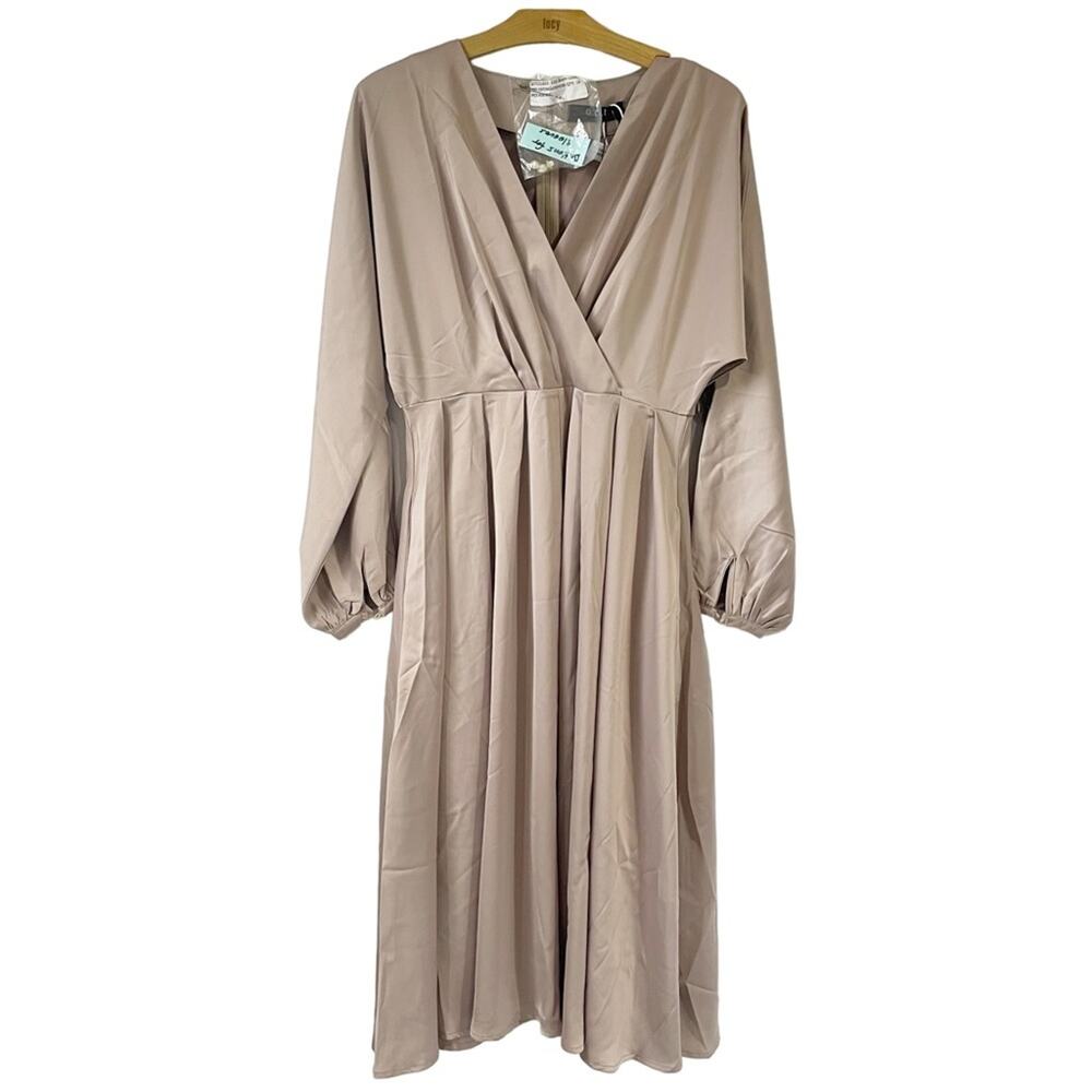 OPT Women Medium Taupe Silky MIDI Dress Low Cut‎ Belted Champange